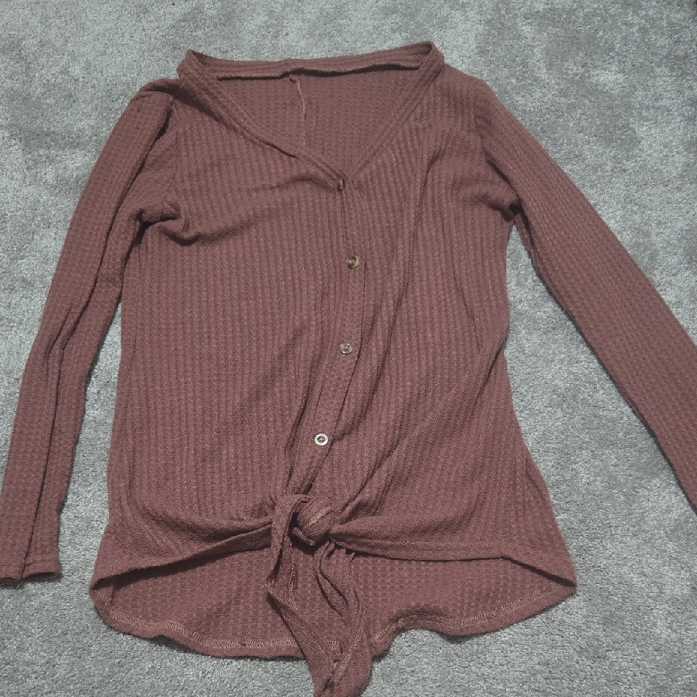 Women's Button-Up Tie Front Waffle Knit Top - Mauve